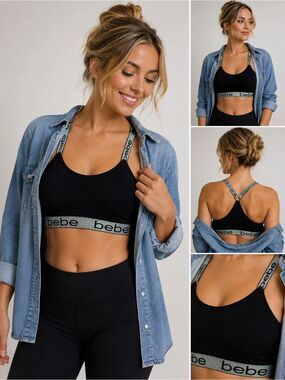 Bebe Intimates Black Racerback Sports Bra Bralette XL Silver Logo Band